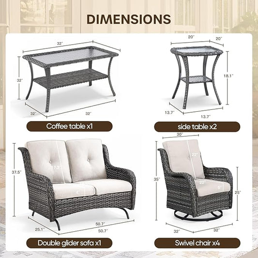 Patio Loveseat Glider Set, Resin Wicker Loveseat Glider with 2 Swivel Patio Chiars Coffee Table and Side Table, 5 Piece Patio Furniture Set Loveseat Set, Grey Wicker|Grey Cushions