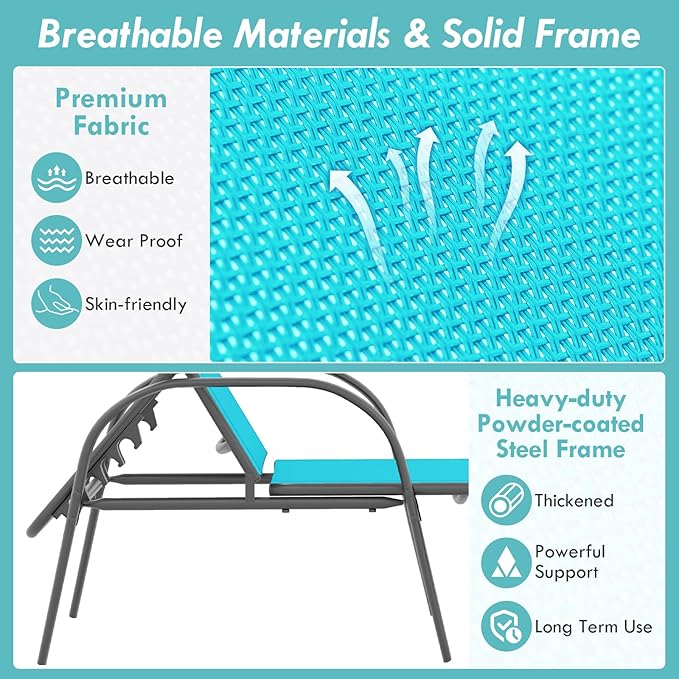 COSTWAY Outdoor Lounge Chairs Set of 2, Patio Chaise Lounge Recliner with Heavy Duty Steel Frame, 5-Position Adjustable Backrest for Deck, Beach, Pool (2, Turquoise)