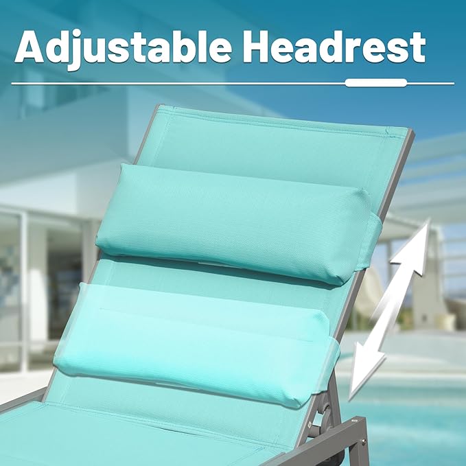 Domi Patio Chaise Lounge Set of 3, Outdoor Lounge Chair, Aluminum Textilene Padded 5 Position Pool Lounger, Stackable Lounge Chair w/Headrest, Wheels, Side Table, for Beach Backyard Lawn, Turquoise