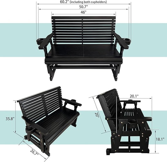 Fortune Candy Patio Glider with Cup Holders, High Roll Back and Deep Contoured Seat,Heavy Duty 800 Lb (Black, 2-Seater)