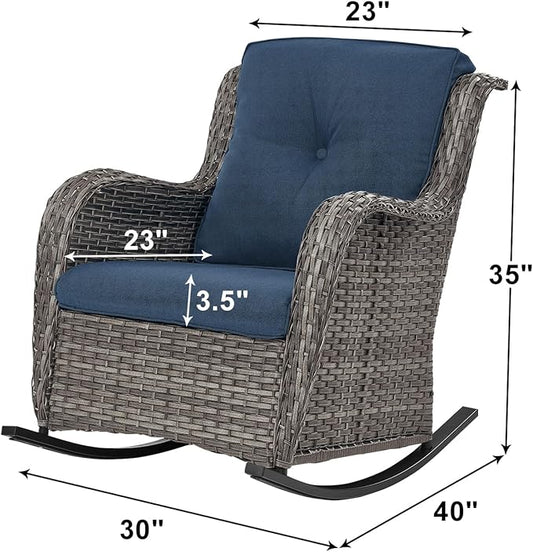 Rilyson Patio Chairs Outdoor Rocking Chair - 2 Piece Wicker Rattan Rocker Chairs Set with High Back and Deep Seating for Porch Deck Garden Backyard(Mixed Grey/Blue)