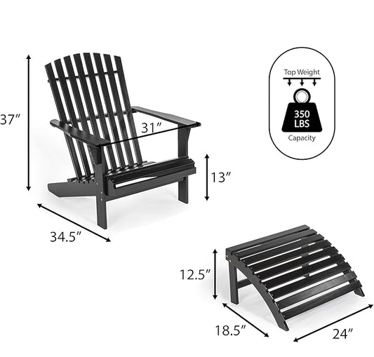 Eyely KDA1000C Zalenor 2-Piece Traditional Rustic Acacia Wood Adirondack Chair with Detachable Ottoman, Black