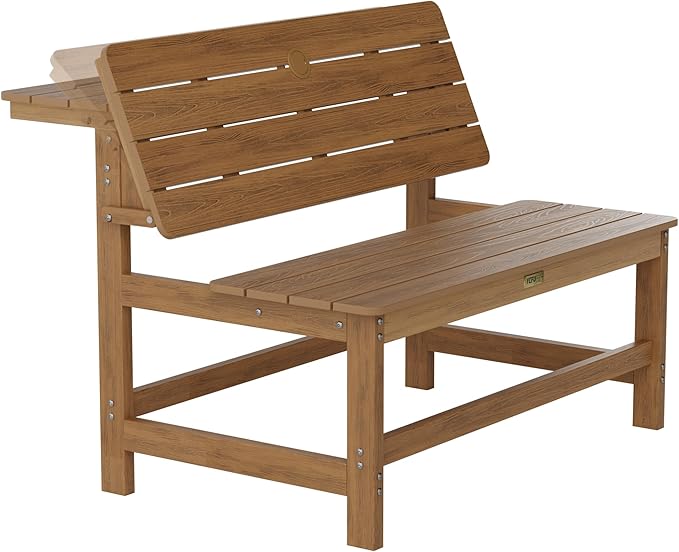 YEFU Convertible Bench Picnic Table: HIPS Convert a Bench with Umbrella Hole - Foldable Space-Saving Picnic Outdoor Benches for Outside Patio Porch Backyard Park Garden Teak