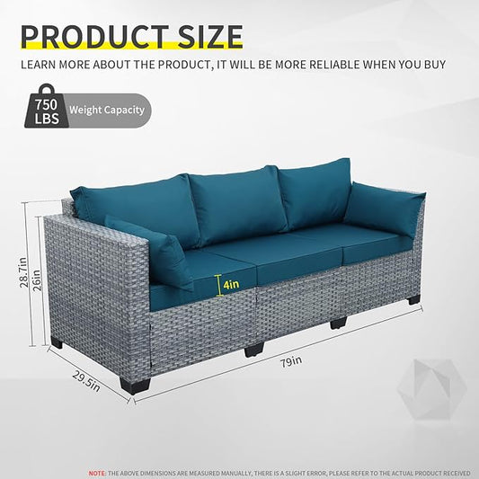 Outdoor Couch 3-seat Patio Sofa Outdoor Furniture Deep Seat High Backrest Patio Couch with Non-Slip Cushions and Waterproof Cover, Peacock Blue