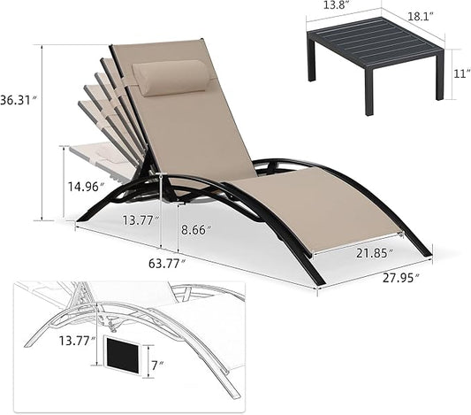 PURPLE LEAF Patio Oversized Chaise Lounge with 15FT Umbrella Outdoor Lounge Chair Beach Pool Sunbathing Lawn Lounger, Base and Side Table Included, Taupe