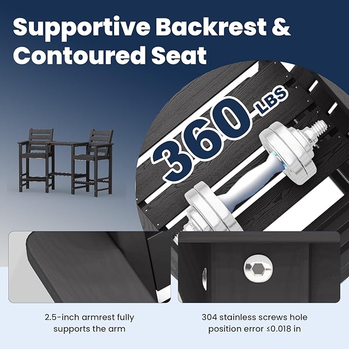 PLUUV Tall Adirondack Chairs Set of 2, All Weather HDPE Poly Bar Height Balcony Adirondack Chair with Removable Double Connecting Trays, Outdoor Adirondack Barstools for Deck, Patio, Yard, Pool, Lawn