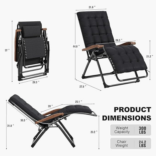 PURPLE LEAF Oversized Outdoor Reclining Chair Set of 2 Patio Zero Gravity Chaise Lounge Folding Chair with Removable Cushion Adjustable Headrest for Lawn Camping Beach Pool Black