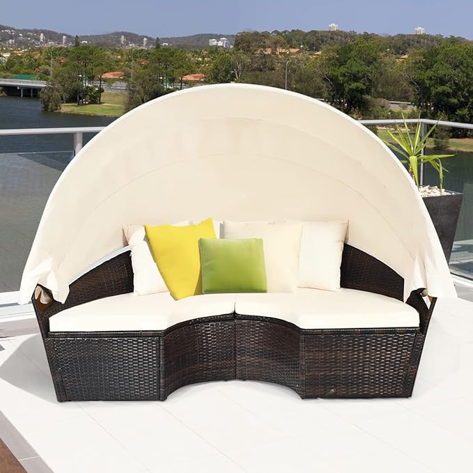 RELAX4LIFE Round Outdoor Daybed with Canopy, Rattan Wicker Sectional Sofa Set w/Cushions, Height Adjustable Table, Conversation Bed Lounger Separated Seating for Outside Pool, Patio Daybed (Off White)