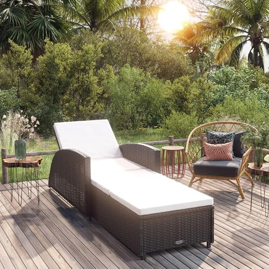 79" Outdoor Chaise Lounge, Black Rattan w/Cream Cushion, Adjustable Backrest, 26.4x79.1x26.4, 330 lbs for Patio Pool Garden