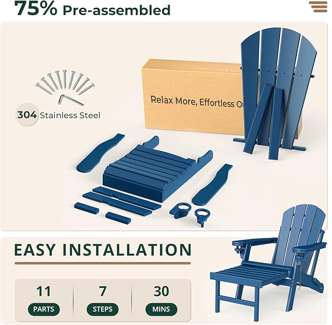 BRIOPAWS Adirondack-Chairs-with-Pull-Out-Footrest | Set of 4 | Folding | HDPE Plastic | Fire Pit Chair | All Weather | Cup Holders | Curved Back | Retractable Ottoman | for Poolside Deck | Blue