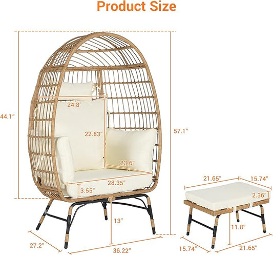 Oversized Wicker Egg Chair with Ottoman, Rattan Patio Egg Chair with Stand and Thick Cushions, Indoor Outdoor Lounge Chair for Backyard, Balcony, Living Room, Beige+Ottoman