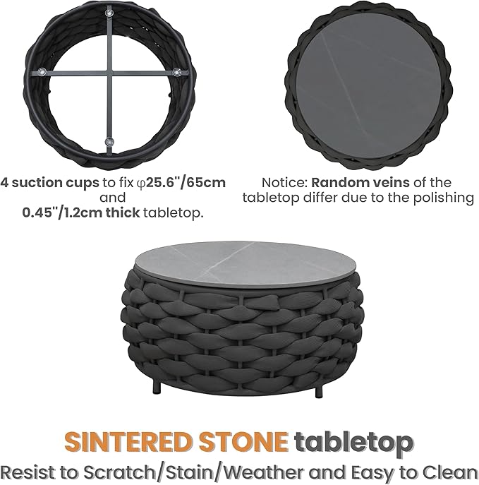 Short Round Patio Coffee Table: Hand Woven Rope Side Tables Assembled - Aluminum Outdoor Accent Table Modern - Metal Porch Furniture for 176lbs Deck Garden Balcony Hotel φ25.6''/65cm, Dark Gray