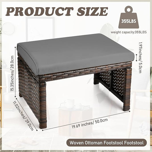 2 Pcs Patio Rattan Ottomans Outdoor Wicker Ottomans Patio Footstool Footrest with Removable Cushion Soft Zippered Cushions Function Footstool Seat Table for Backyard Balcony Poolside(Gray, Black)