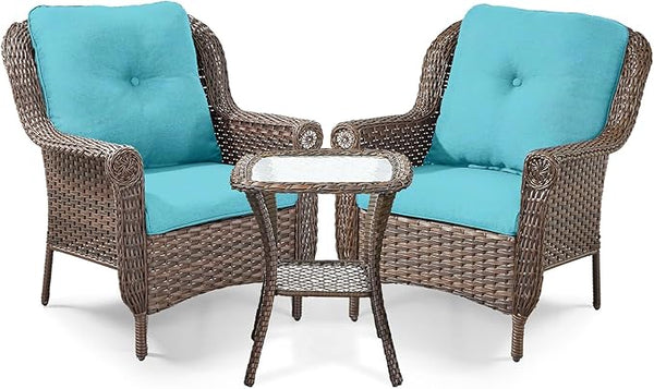 3 Piece Patio Brown Wicker Chairs with Side Table - Outdoor High Back Heavy Duty All-Weather Lawn Dining Rattan Chair - Photo 1
