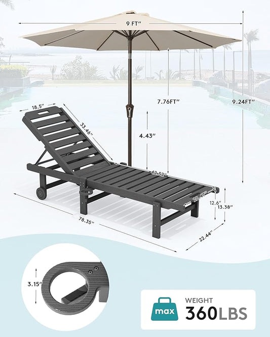SERWALL Outdoor Chaise Lounge Set of 2 with 9FT Patio Umbrella, HDPE Pool Lounge Chair with 5-Position Adjustable Backrest, Patio Lounger with Rolling Wheels & Cup Holder for Pool, Grey