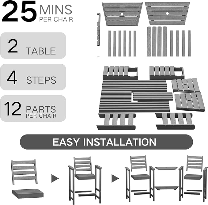 GLANC Tall Adirondack Chairs Set of 2, All Weather Resistant HDPE Bar Height Balcony Adirondack Chair with Removable Connecting Trays, Outdoor Adirondack Barstools for Deck Patio Pool Lawn (Grey)