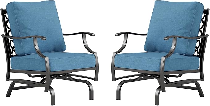 Metal Outdoor Rocker Patio Chairs Set of 2 with 5.75" Extra Thick Cushion, 2 Piece High Back Rocker Patio Chair All Weather Outdoor Furniture Seating for Deck Balcony Porch, Denim Blue