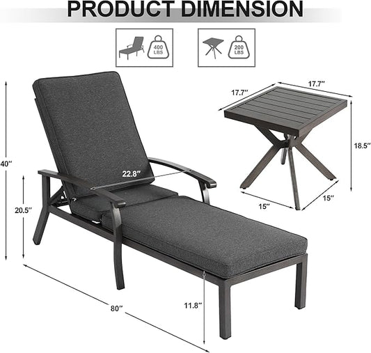 2 Chaise Lounge Chairs with 1 Side Table, Cast Aluminum Tanning Chair with Adjustable 5 Position Recliner, Grey Cushion and Wheels, 3 Piece Set for Outside Beach Patio Pool Lawn