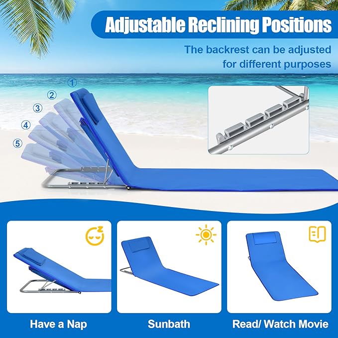 COSTWAY 3-Piece Beach Lounge Chairs, Outdoor Lounger with Side Table, 5 Reclining Positions, Lightweight & Portable Tanning Chairs for Sunbathing, Camping (Navy)
