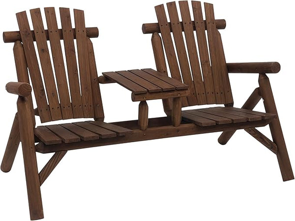 Outsunny 2-Seat Wooden Adirondack Chair, Patio Bench with Table, Outdoor Loveseat Fire Pit Chair for Porch, Backyard - Photo 1
