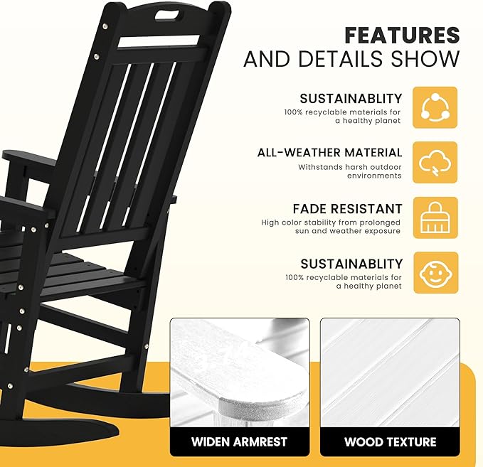 LOUNZY Outdoor Rocking Chair with Footboards Set of 5, HDPE Rocking Chair Patio Porch Rocker with 380lbs Support for Adult, Black