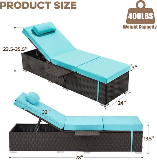 Outdoor Chaise Lounge with Adjustable Backrest Set of 4, 6-Position Reclining Lounger Pool Chair, Thick 3-Inch Cushion & Side Tray, All-Weather PE Wicker for Outdoor, Backyard, Deck (Blue)