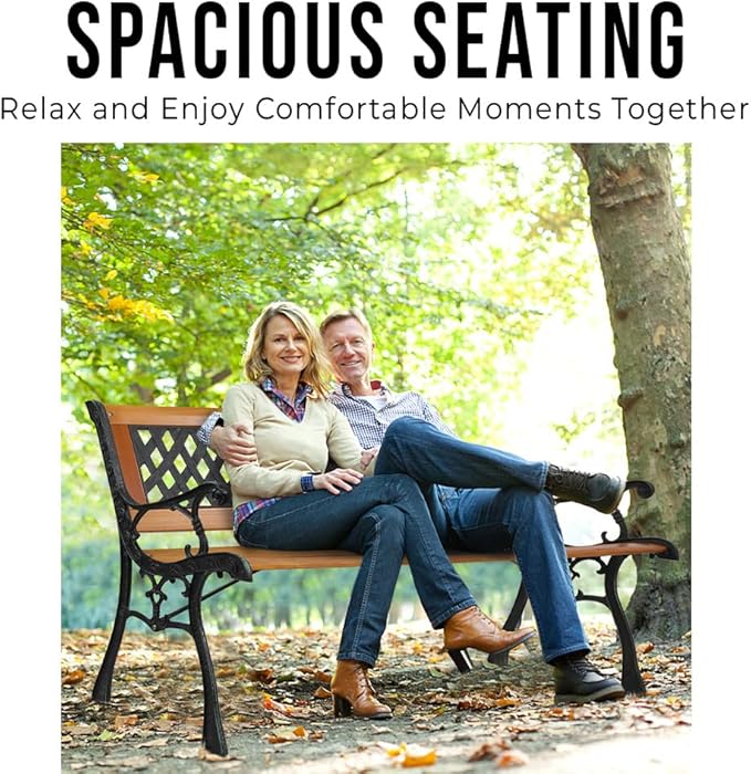 49" Outdoor Wood Bench for Garden, Patio & Porch, 2-Person Bench with Iron Armrests, PVC Backrest, Weather-Resistant Hardwood Seat, Natural Wood & Bronze