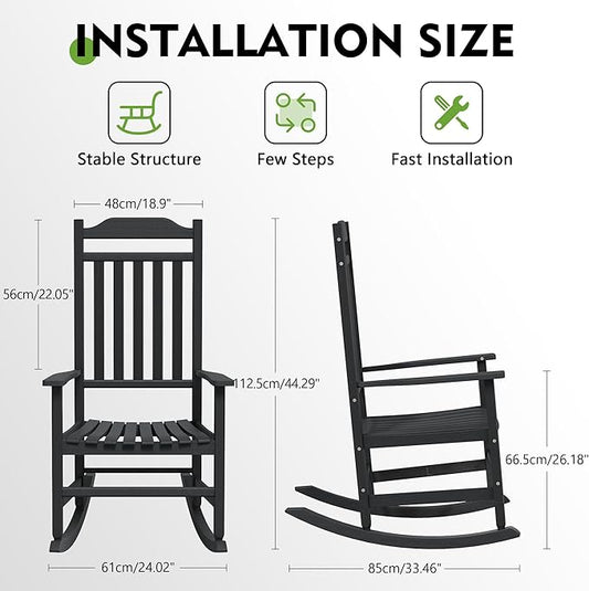 LHBcraft Front Porch Chairs Set of 2 – Oversized HDPE Outdoor Rocking Chairs for Adults, Heavy Duty All-Weather Patio Rocking Chair for Lawn Garden, Black