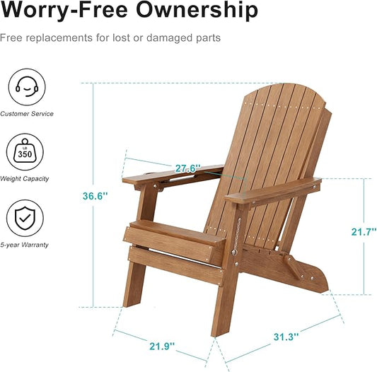 HDPE Foldable Adirondack Outdoor Chair with Cup Holder, Weather Resistant Heavy-Duty Patio Chair for Patio, Backyard, Deck, Fire Pit, Lawn and Porch, Teak