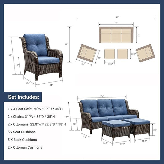 HUMMUH Outdoor Furniture 6 Pieces Patio Furniture Set Wicker Outdoor Sectional Sofa with 2 Patio Chairs,Ottomans,Coffee Table…