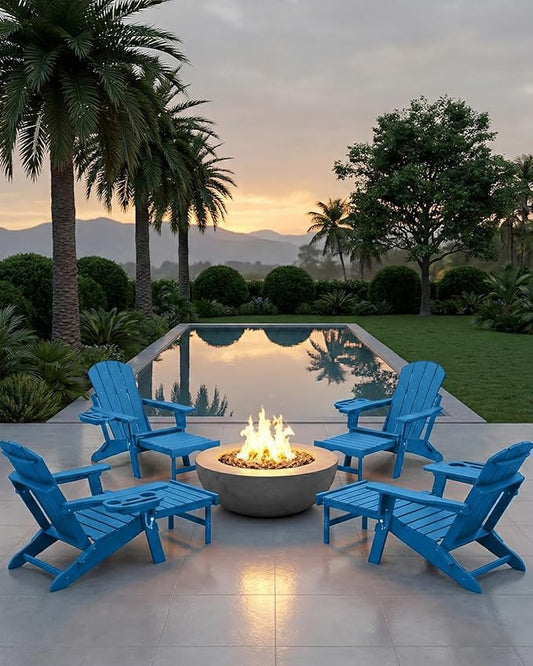 Adjustable Adirondack Chair with Retractable Ottoman Set of 8, HDPE Folding Adirondack Chair with Cup Holder, All Weather Fire Pit Chair for Outdoor.