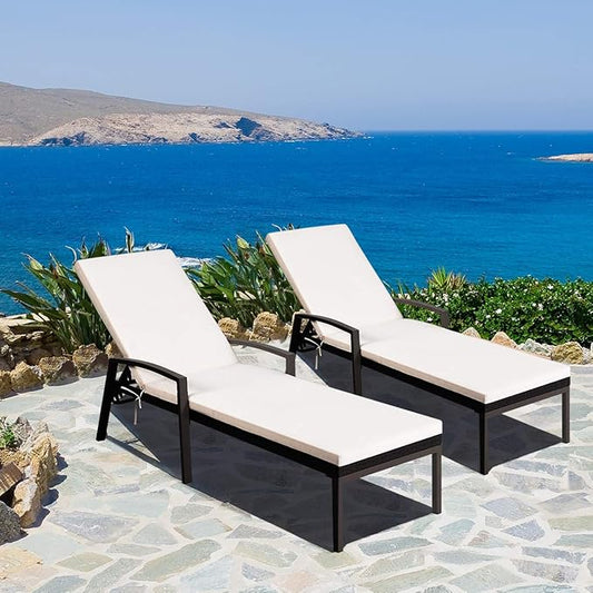 DORTALA Set of 2 Patio Chaise Lounge, Outdoor Wicker Rattan Chaise with Adjustable Backrest and Armrest for Beach Pool Yard, Rattan Sun Lounger with Padded Cushion, Beige