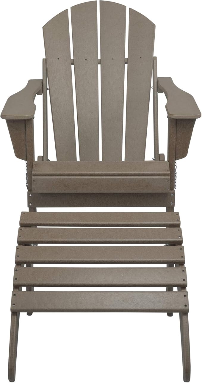 WestinTrends Malibu Outdoor Lounge Chair, 2-Pieces Adirondack Chair Set with Ottoman, All Weather Poly Lumber Patio Lawn Folding Chairs for Outside Pool Garden Backyard Beach, Weathered Wood