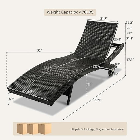 Set of 6 Dark Brown Outdoor Chaise Lounge Chairs, Wicker Patio Lounge Chairs with Adjustable Backrest and Wheels, Durable PE Rattan Pool Chair for Patio, Poolside and Garden