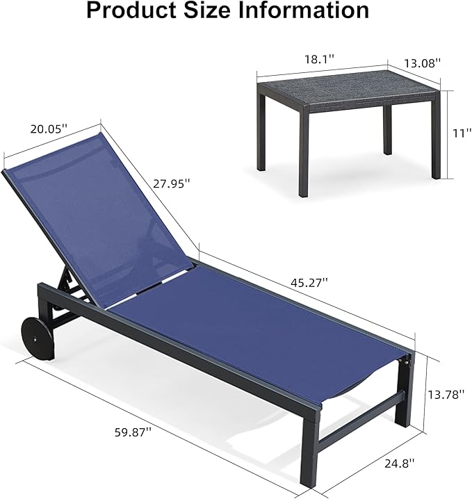 PURPLE LEAF Outdoor Chaise Lounge with Wheels for Outside Aluminum 4 Pieces Patio Lounge Chair with 5 Adjustable Position Recliner for Patio Beach Yard Pool Side Table Included Navy Blue