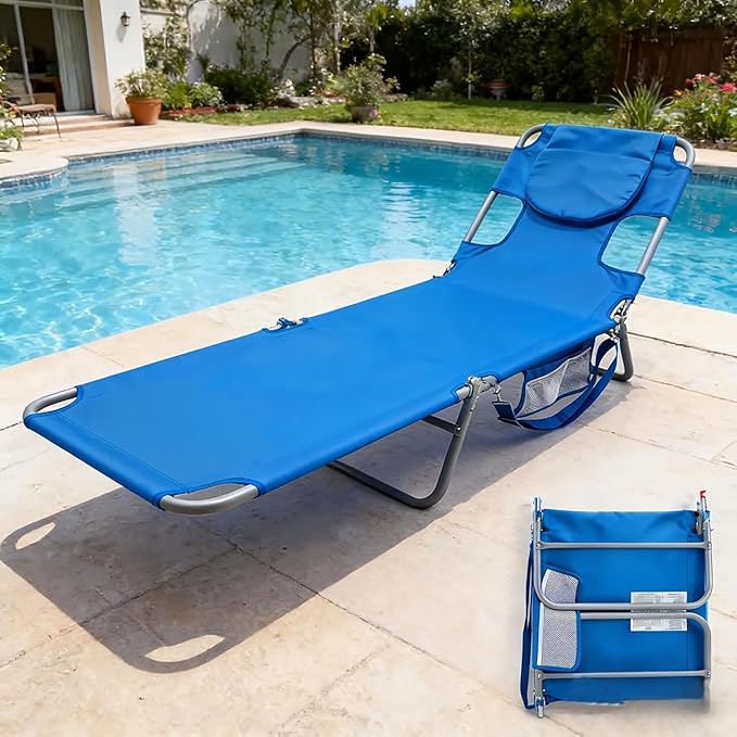 Outdoor Folding Beach Lounge Chair, 5-Position Adjustable Chaise Lounge with Face & Arm Holes for Pool, Patio, Lawn & Reading