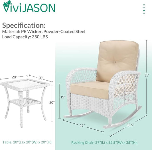 VIVIJASON 3-Piece Outdoor Conversation Bistro Set, Patio Wicker Rocking Chairs Rattan Furniture Sets w/ 2 Rattan Chairs, Cushions, Glass Top Side Table for Garden Porch Backyard (White Wicker/Beige)