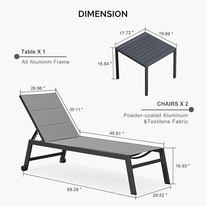 PURPLE LEAF Extra Large Outdoor Chaise Lounge 2 Pieces Aluminum Patio Lounge Chair with Wheels Reclining Chair for Patio Pool Beach Sunbathing Grey Oversized Lounger