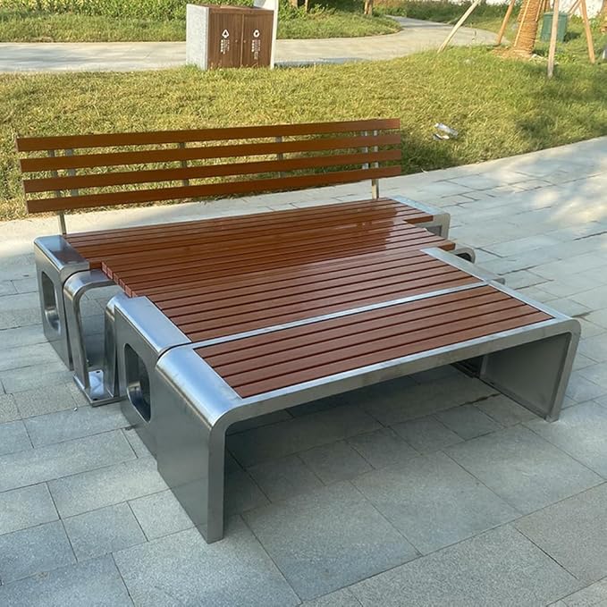 LITFAD Outdoor Indoor Bench Stainless Steel Metal Park Bench with Waterproof Brown Wood Seating Modern Garden Bench for Patio, Lawn, Yard, Porch - Type A 59" L x 16" W x 18" H