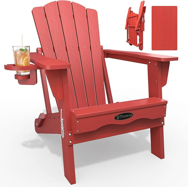 Folding Adirondack Chair, HDPE All-Weather Outdoor Chair with Cup Holder, Wooden Textured, Fire Pit Chair - Photo 1