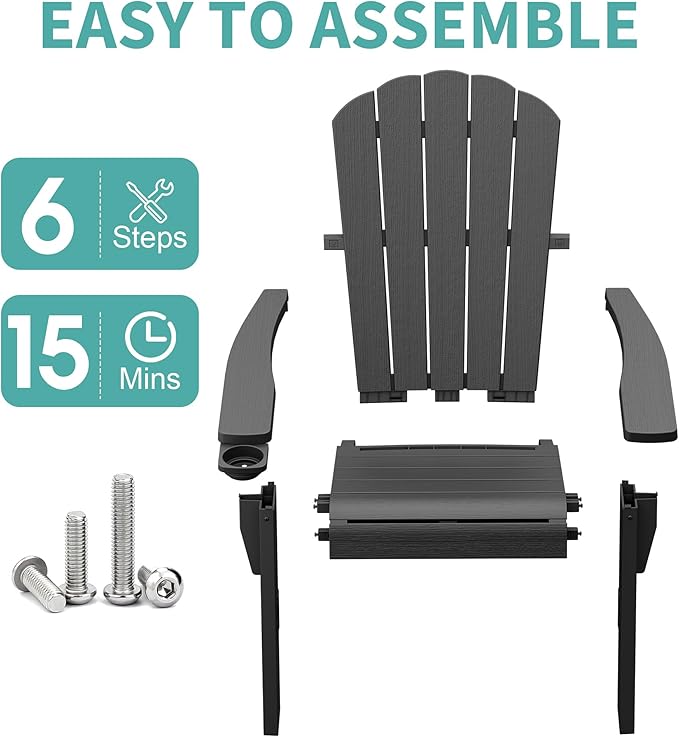 NUNU LAB Oversized Adirondack Chair Weather Resistant with Cup Holder, Black Outdoor Patio Chair, HDPE Adirondack Chairs for Patio, Law, Garden, Camping - Easy Installation