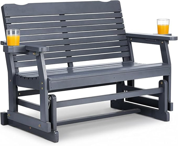 Outvita Patio Glider with Cup Holders, Wooden Outdoor Glider Bench with High Roll Back & Deep Contoured Seat - Photo 1