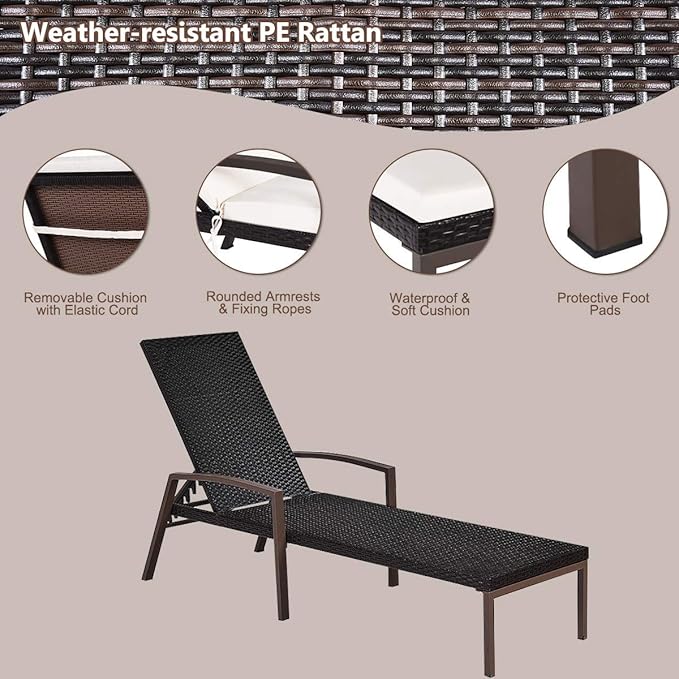 HAPPYGRILL 2 Patio Chaise Lounge Chairs Outdoor Rattan Wicker Lounge Set Adjustable Backrest Poolside Chaise with Soft Cushions for Beach Pool Backyard Balcony