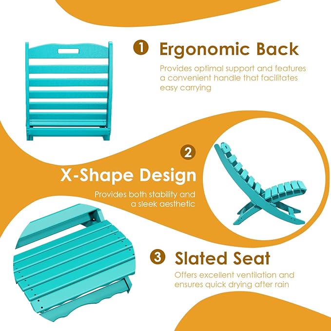 IVY&LANE Portable Xavier-Chairs Set of 2 | Folding-Adirondack-Chair | Wave | HDPE Plastic | Aqua | All-Weather Resistant | for Outdoor Fire-Pit Patio Lawn Beach Poolside