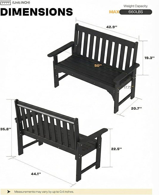 2-Person Outdoor Garden Bench, HDPE All-Weather Patio Bench with Backrest & Armrests, Heavy Duty Outdoor Seating for Porch, Backyard & Park, 660 lbs (Black, 2 Benches)