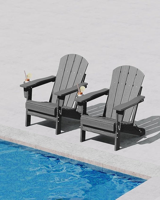 Garvee Folding Adirondack Chair, HDPE Outdoor Patio Chair with Cup Holder, All Weather Resistent Wooden Textured for patios, Decks, Gardens, fire Pit, Grey