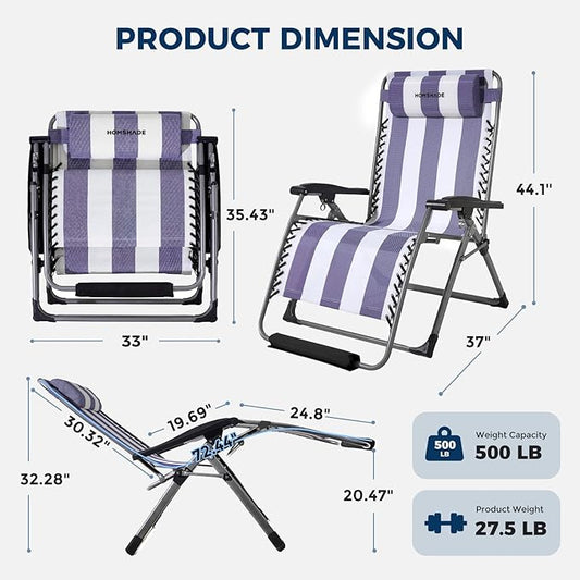 HOMSHADE XXL Zero Gravity Chair with Cushion, 33In Oversized Zero Gravity Lounge Chair, Patio Outdoor Recliner Chair for Indoor Outdoor with Headrest, Cup Holder, Footrest Support 500Lbs, Blue & White