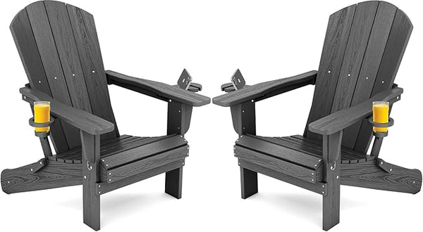 SERWALL Foldable Adirondack Chair Set of 2, HDPE Adirondack Chair with Wood-Texture-Gray - Photo 1