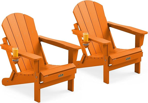 SERWALL Foldable Adirondack Chair with Cup Holder Set of 2 for Patio Garden Outdoors Fire Pit Chairs-Orange - Photo 1