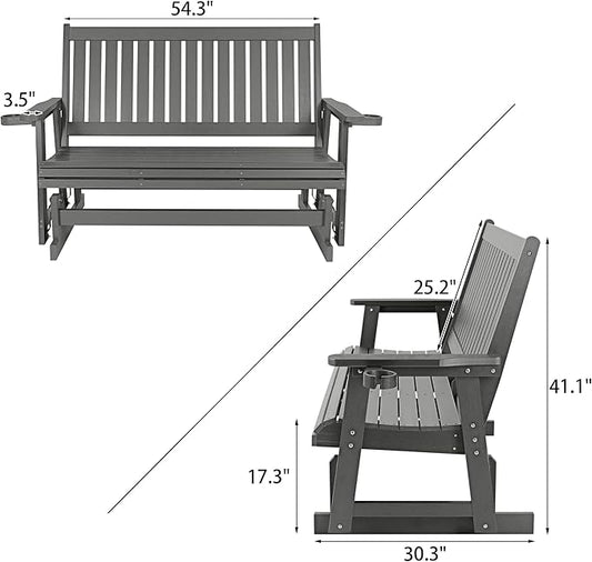 HIPS Patio Glider with Cup Holders, Durable Poly Lumber Material, All-Weather Resistant, High Backrest and Deep Contoured Seat, Heavy Duty 900 LB, for Outdoor, Porch, Patio (Gray, 3-Seat)